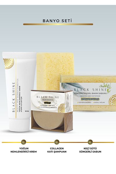 Black Shine BS مجموعة الحمام - شامبو صلب مع إضافات الكولاجين وصابون إسفنجة حليب الماعز والمرطب