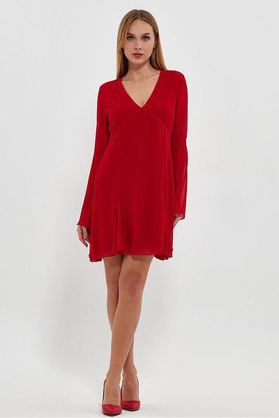 Ceylen Chiffon V-neck Long Bell Sleeve Mini Dress with Handkerchief Skirt