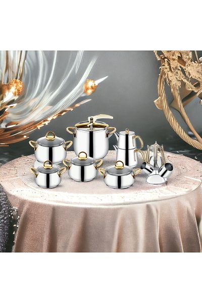 İnter Steel Hanzade 18 Piece Dowry Set with Glass Cover Gold