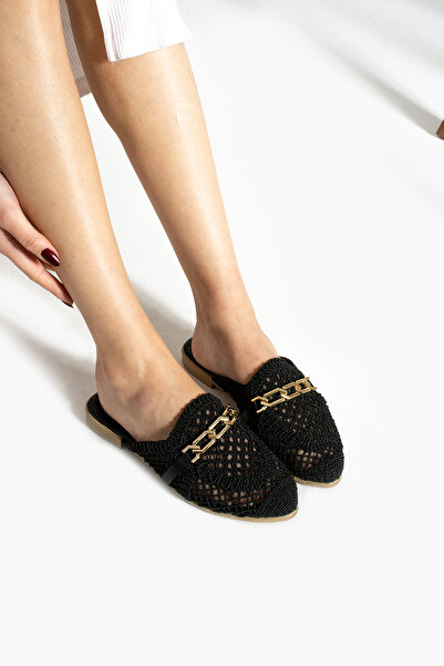 STOCON Women's Lace Embroidered Chain House Slippers Chain Detailed Outdoor Slippers Stc439