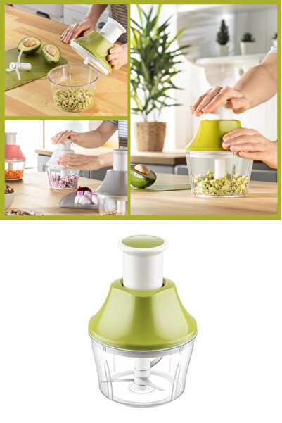 Flosoft Paslanmaz Çelik Bıçak Manuel Doğrayıcı Rondo, 3 Bıçaklı Üstten Basmalı El Robotu 700 ml