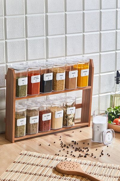 woodsy 12 Pieces Spice Jar Set with 300 ML Acrylic Jar and Wooden Stand 24 Pieces Spice Label