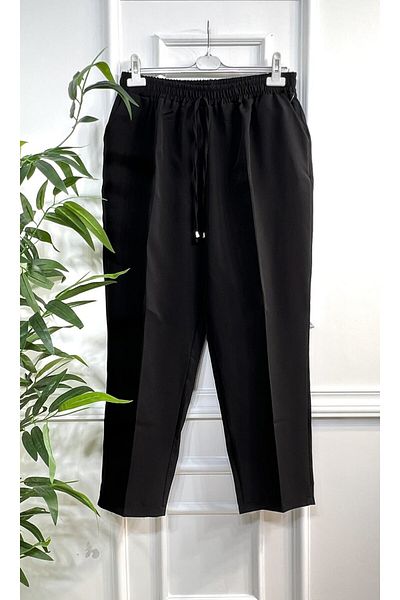 Aşkı Endam Large Size Charm Imported Slinky Trousers with Elastic Waist and Side Pockets - Black