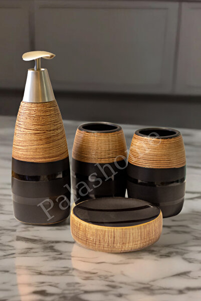 Palashome طقم حمام سيراميك فاخر 4 قطع أسود بني