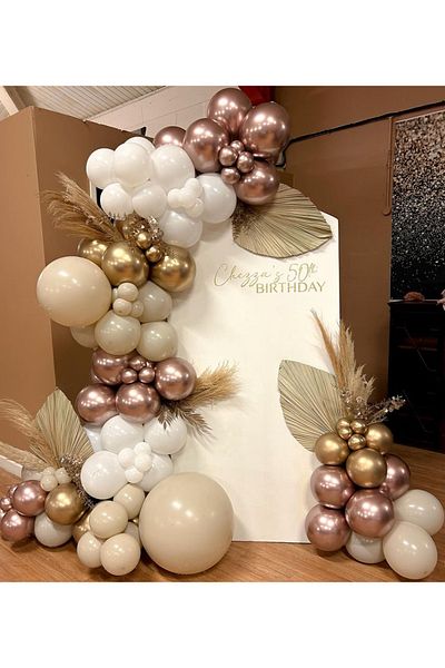 Çemrek Süs Parti Rose gold chrome white sea sand retro balloon chain set 100 pcs