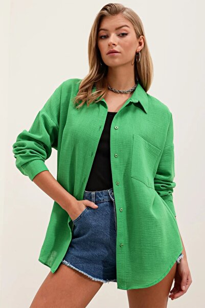 Melff Cămașă oversize din in un singur buzunar - verde
