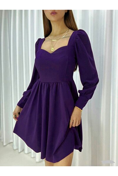 ModaLy Moda Mor Esnek Krep Kumaş Göğüs Dekolteli Uzun Kollu Mini Abiye Ve Mez...