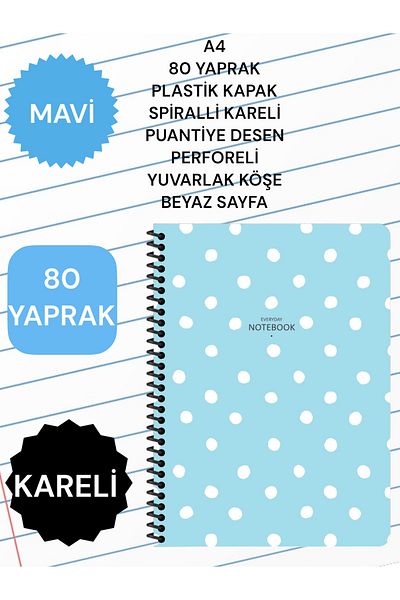 SEYFİKİRTASİYE CHECKED A4 80 SHEETS PLASTIC COVER SPIRAL POINT PATTERN PERFORATED ROUND CORNER WHITE PAGE