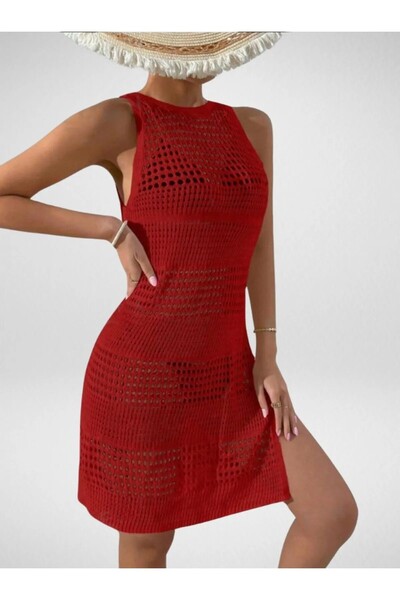 SolQ Openwork Pattern Bikini Top Crew Neck Sleeveless Beach Dress