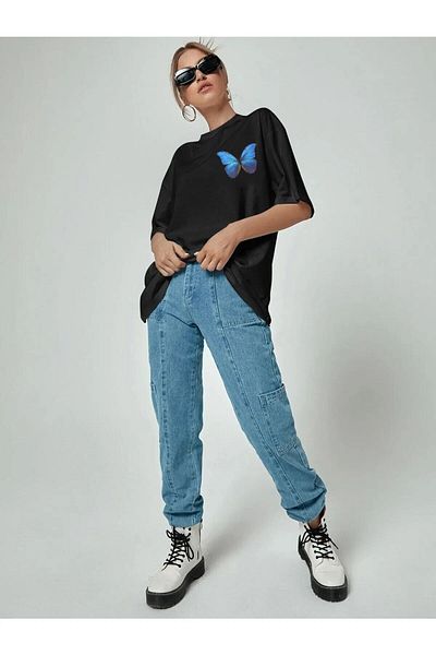 donamod Μπλουζάκι με στάμπα μπλε πεταλούδας Oversize από βαμβακερό χτενισμένο ύφασμα μαύρο μπλουζάκι