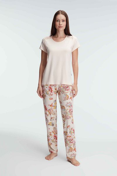 Anıl 9878 Short Sleeve Crew Neck Women's Viscose Floral Print Summer Knitted Lace Detailed Pajama Set