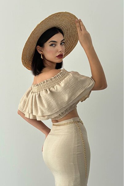 lovebox Women's Linen Fabric Ruffle Design Bolero and Slit Detailed Midi Skirt Beige Double Suit 228