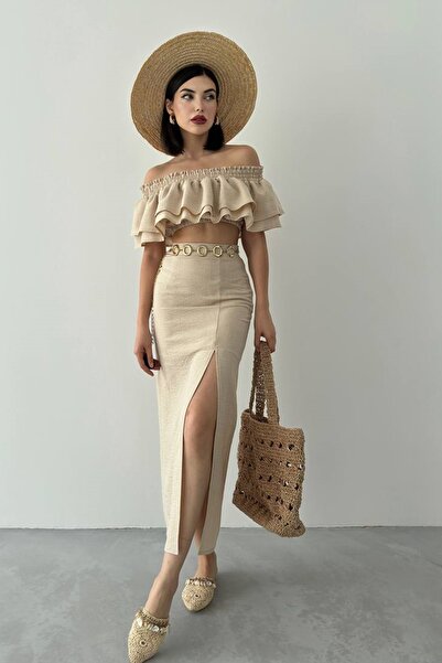 lovebox Women's Linen Fabric Ruffle Design Bolero and Slit Detailed Midi Skirt Beige Double Suit 228