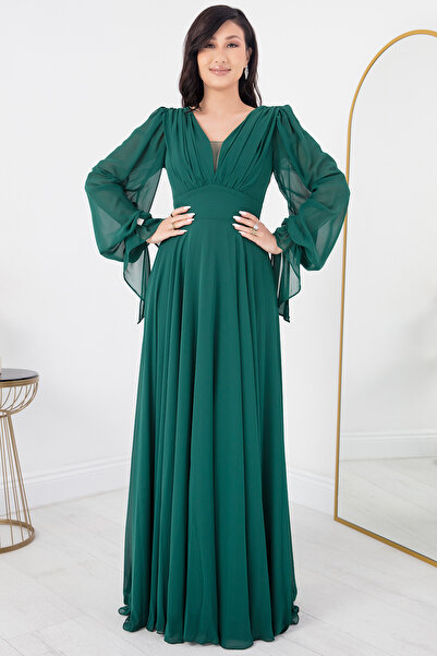 PULLIMM V Yaka Taş Detay Uzun Kol Şifon Elbise DNS1519