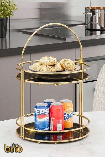 Bino Servis Sunum Ikramlık Gold Büyük Lüks 2 Katlı 40cm Organizer Mutfak Düzenleyici Pasta Standı