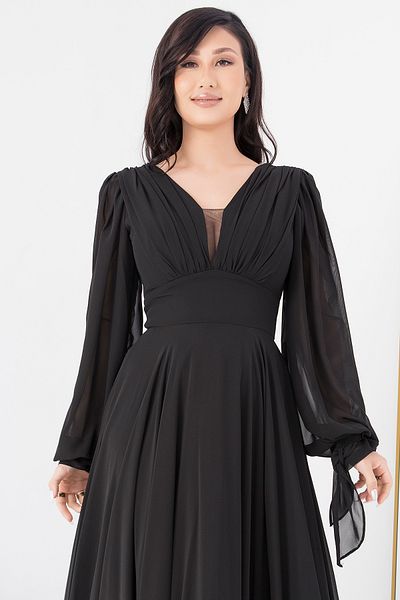 PULLIMM V-neck Jewel Detail Long Sleeve Chiffon Dress DNS1519