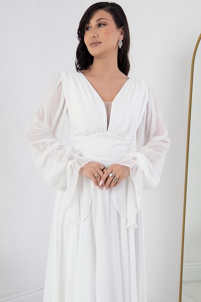PULLIMM V-neck Jewel Detail Long Sleeve Chiffon Dress DNS1519