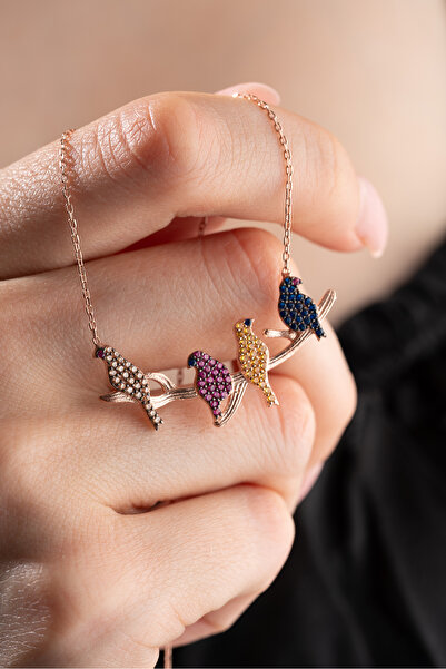 Nereze 925 Ayar Gümüş Rose Kaplama Mix Taşlı Kuş Modeli Kolye