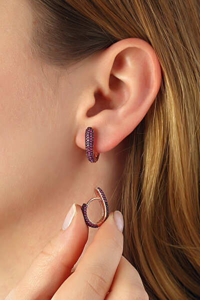 MySilvers Kadın Fuşya Taşlı Yarım Kalp Küpe