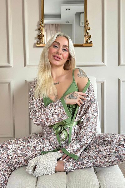 Pijamaevi Exkluzivní pletená souprava dámského pyžama Green Flore s županem