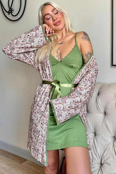 Pijamaevi Green Svila Exclusive Knitted Nightgown Women's Pajamas Set with Dressing Gown