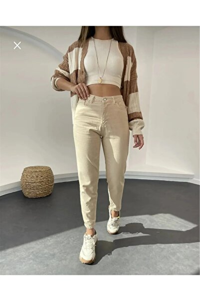 TugsatTasarTekstil Beige Mom Boyfriend Jean Women's Power Lycra Tightener