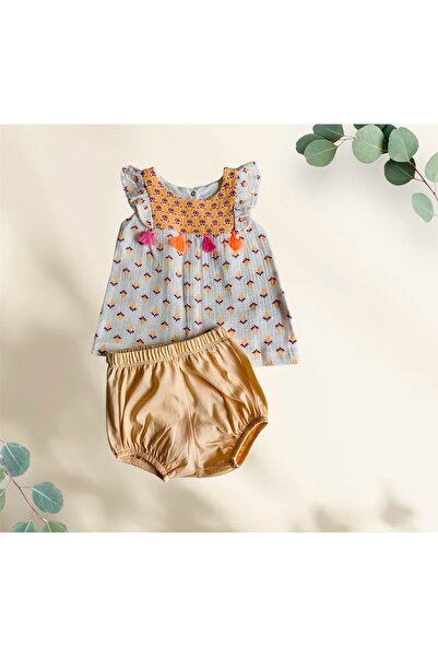 bediş baby clothes püsküllü kız bebek ve çocuk pamuk ikili takım 6/9/12/18/24 ay