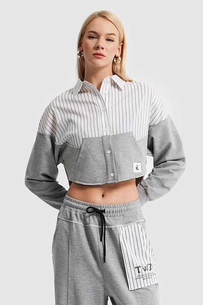 its basic Women's Gray White Striped Color Knitted Fabric Blended Design Shirt Sweat