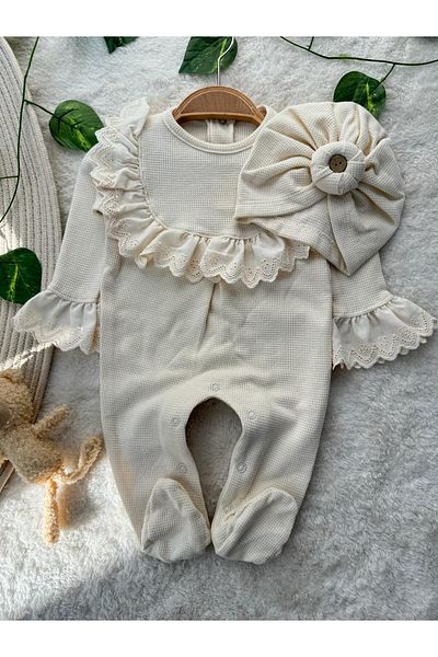 Minizade Double Baby Girl Premium Set Jumpsuit with Lace Collar Sleeves and Bandana Accessories