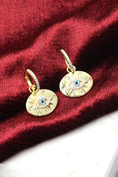 BY BARUN SİLVER Nazar Boncuklu Mavi Göz Halka Plaka Zirkon Taşlı 925 Ayar Klipsli Gümüş Küpe