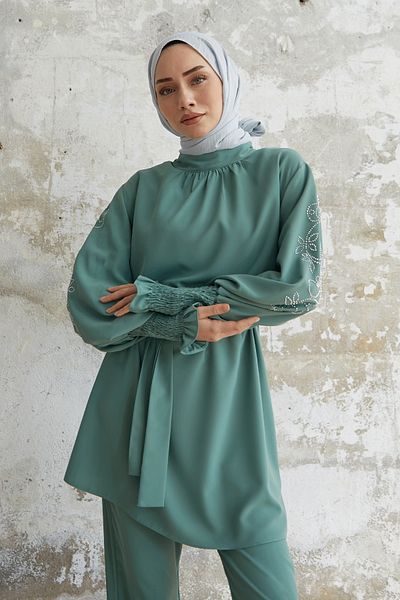 InStyle Stone Detailed Balloon Sleeve Double Satin Set - Mint
