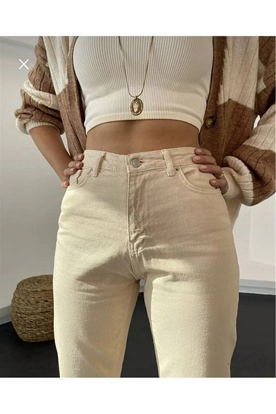 TugsatTasarTekstil Beige Mom Boyfriend Jean Women's Power Lycra Tightener
