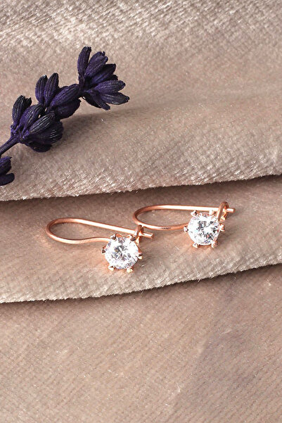 BY BARUN SİLVER Tektaş Küpe KancalıYuvarlak Beyaz 925 Ayar Zirkon Taşlı Rose ...