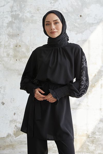 InStyle Stone Detailed Balloon Sleeve Double Satin Set - Black