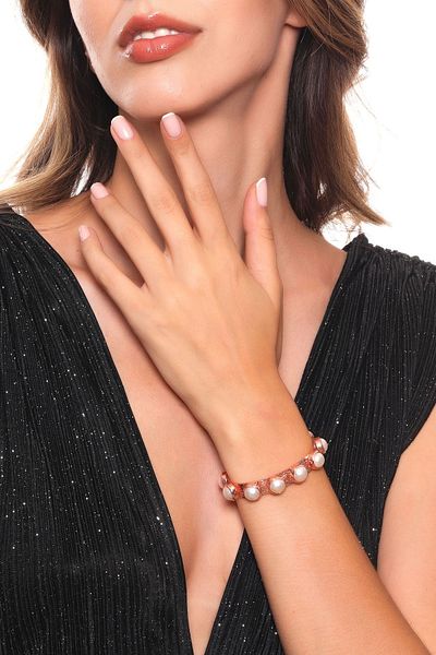 LABALABA Women's Rose Color Lacquer Coated Rows Pearl Detailed Adjustable Cuff Bracelet