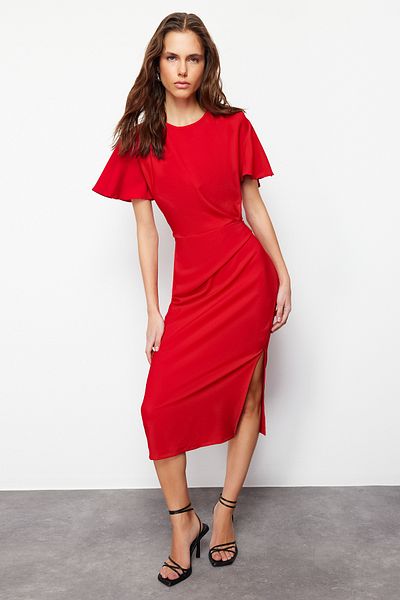 Trendyol Collection Red Straight Cut Gathered Midi Woven Dress TWOSS24EL00713