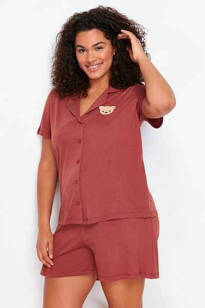 Trendyol Curve Cinnamon Cotton Teddy Bear Embroidered Knitted Pajamas Set TBBSS24AI00034