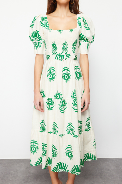 Trendyol Collection Πράσινη στάμπα με τετράγωνο λαιμό λινό εμφάνιση με ζώνη Midi υφαντό φόρεμα TWOSS24EL00779