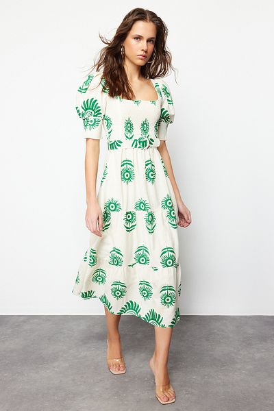 Trendyol Collection Green Patterned Square Neck Linen Look Belted Midi Woven Dress TWOSS24EL00779