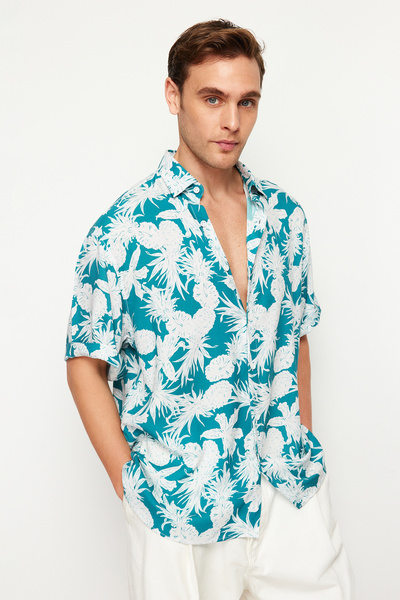 Trendyol Collection Uniszex kék, nagyméretű ananász nyomott ing - 100% viszkóz, rövid ujjú, laza nyári Tmnss24go00041