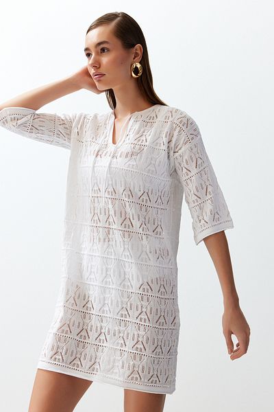 Trendyol Collection Μίνι Πλεκτό Φόρεμα Παραλίας - Λευκό, Δαντέλα - TBESS24EL00093