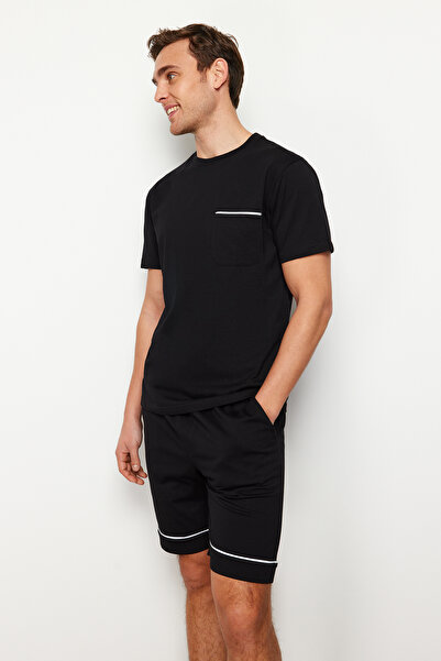Trendyol Collection Black Regular Fit Piping Knitted Shorts Pajamas Set TMNSS24PT00021