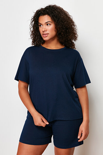 Trendyol Curve Темно-синій піжамний комплект Orme з 3 предметів TBBSS24AI00041 з вирізом горловини TBBSS24AI00041