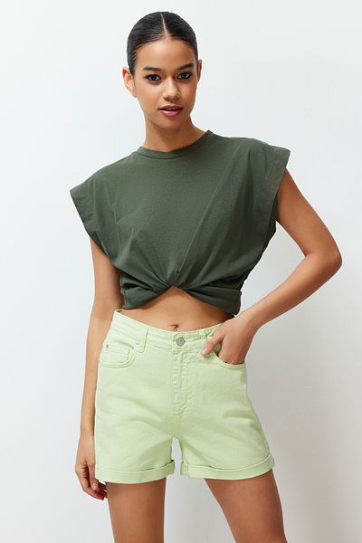 Trendyol Collection Джинсові штани з високою талією TWOSS20SR0231 водно-зеленого кольору зі складеними кишенями