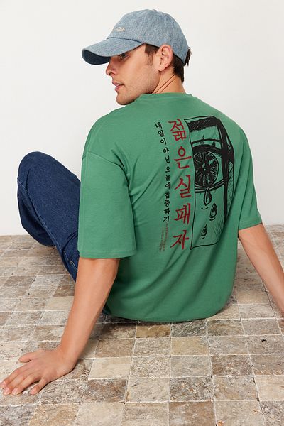 Trendyol Collection Anime Printed Green Oversize Βαμβακερό T-Shirt - TMNSS23TS00156