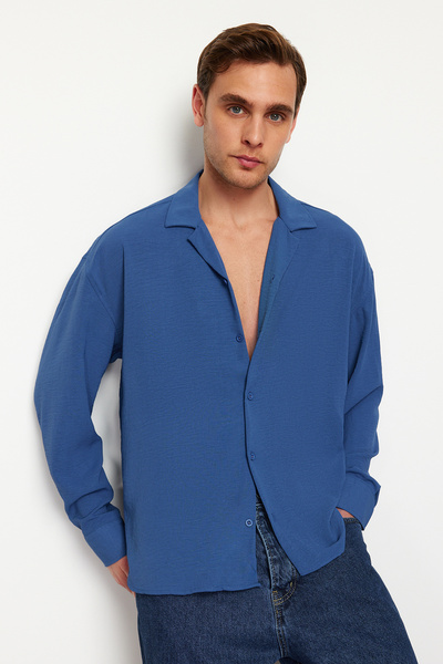 Trendyol Collection Indigo Oversize nyári vászon megjelenés Apache galléros ing - TMNSS23GO00053