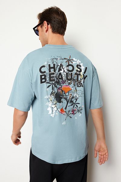 Trendyol Collection Oversize Blue Printed Cotton T-Shirt - TMNSS21TS2037