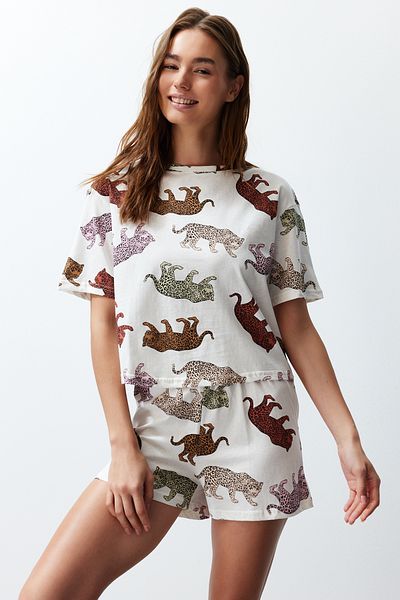 Trendyol Collection Damen-Pyjama-Set für Paare/Paare, 100 % Baumwolle, Tiger-Print, gestrickt, mit Shorts, THMSS24PT00078