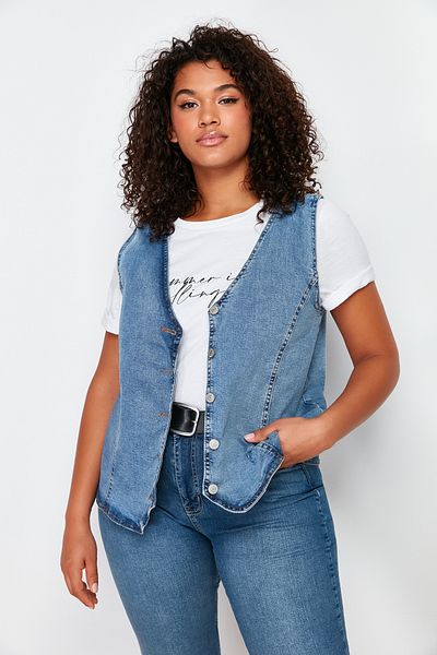 Trendyol Curve Kék farmer mellény TBBSS24BH00002