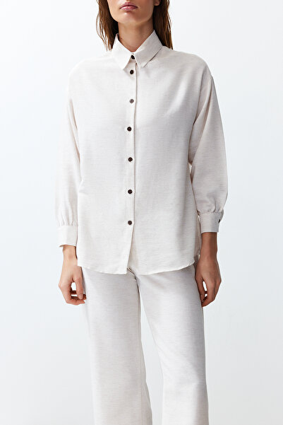 Trendyol Collection Лляний тканий комплект сорочка та штани екрю TWOSS24AU00065